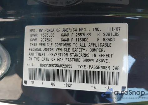 2008 Honda Accord 3.5 Ex-L from USA, damaged, VIN 1HGCP36838A022055